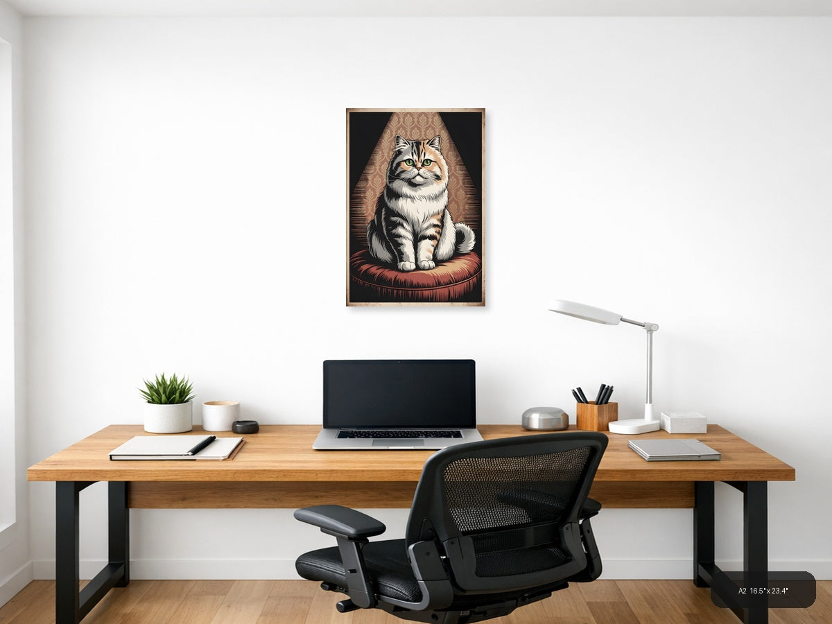 Vintage Fluffy Cat Portrait with Green Eyes Wall Art — A2 / Office