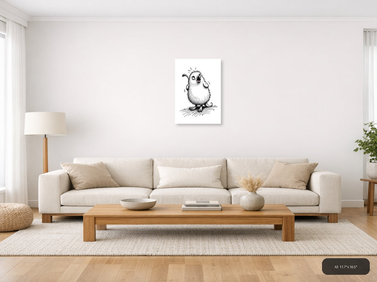 Surprised Furry Creature Line Art Wall Art — A3 / Living Room