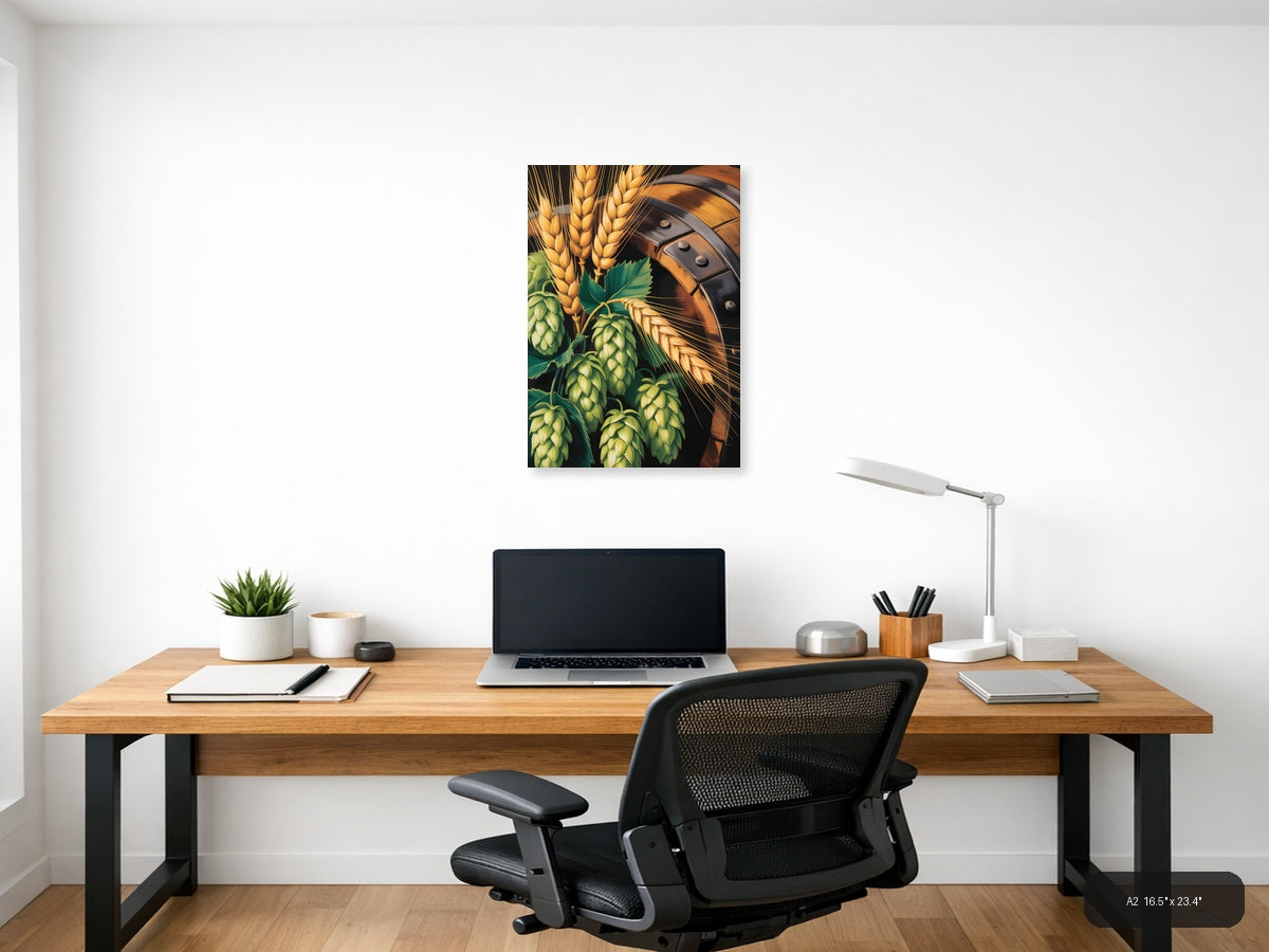 Beer Barrel & Hops Wheat Abstract Portrait Wall Art — A2 / Office