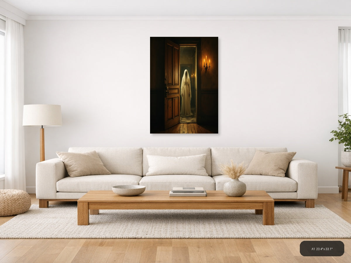 Ghostly Figure in Candlelit Hallway Vintage Wall Art — A1 / Living Room
