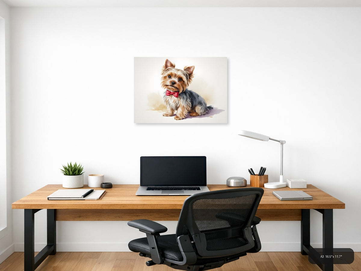 Stylish Yorkie with Pink Bow Watercolor Wall Art — A3 / Office