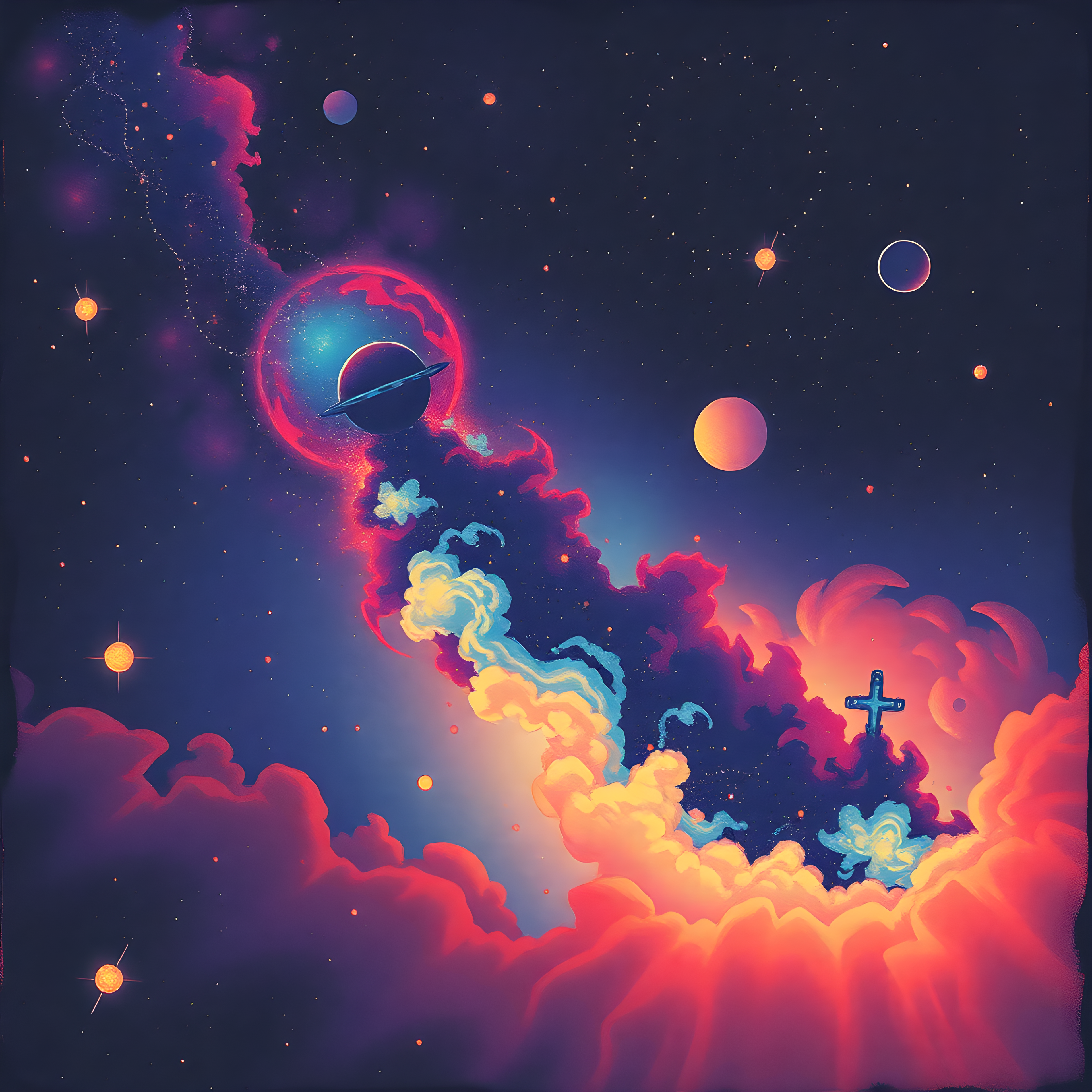 Vintage Cosmic Space Scene with Planet & Cross Wall Art