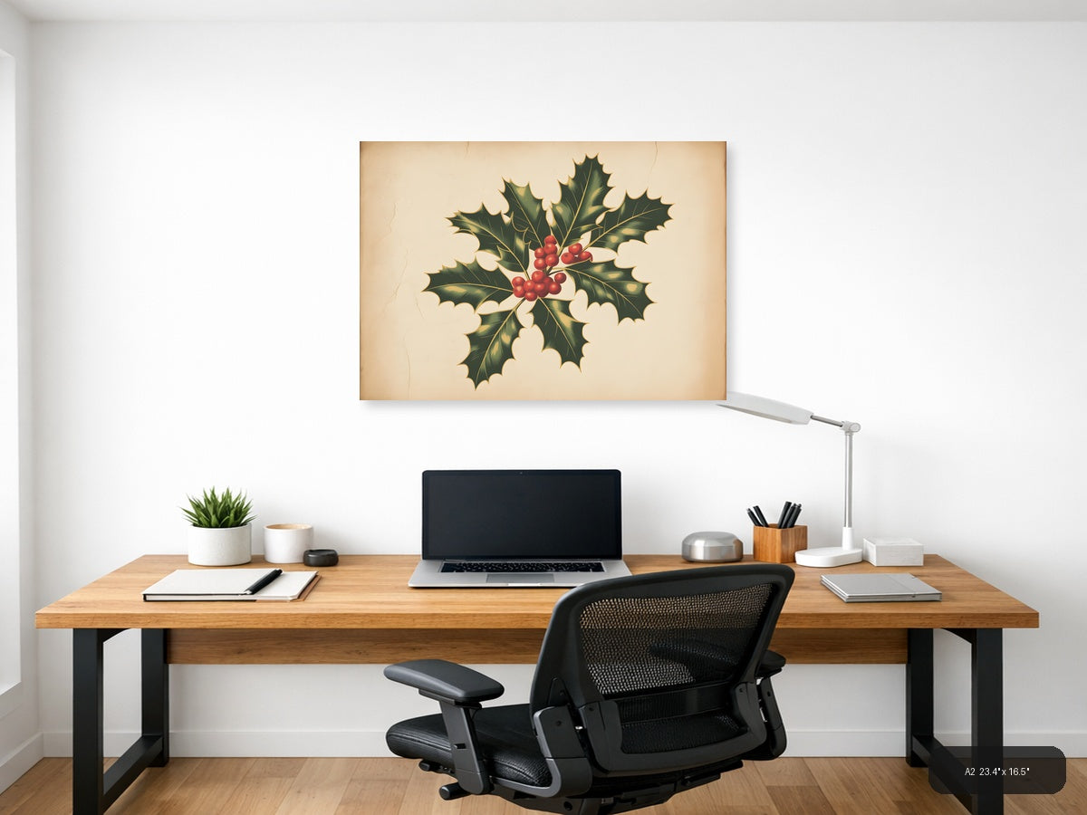 Vintage Holly Berries & Leaves Botanical Wall Art — A2 / Office