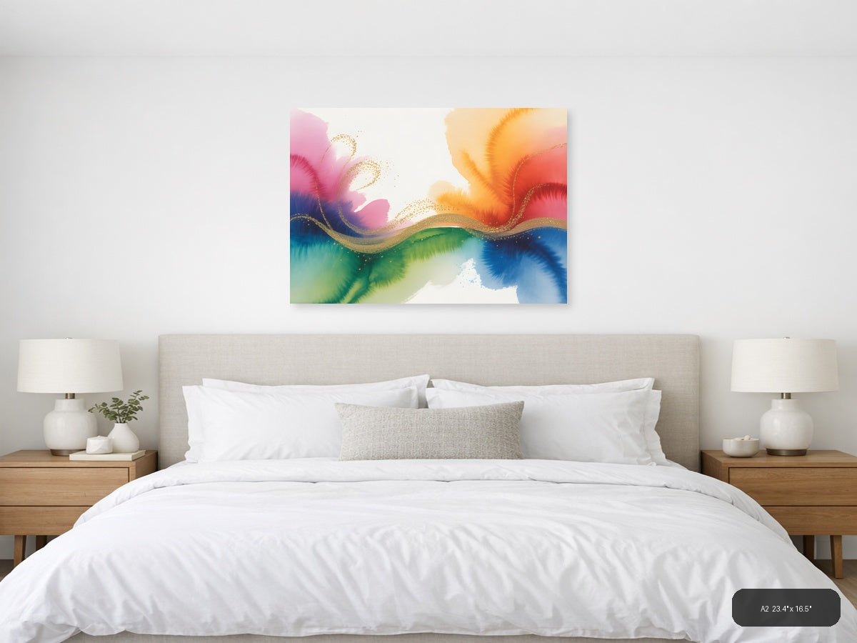 Colorful Watercolor Wave with Gold Accents Wall Art — A2 / Bedroom