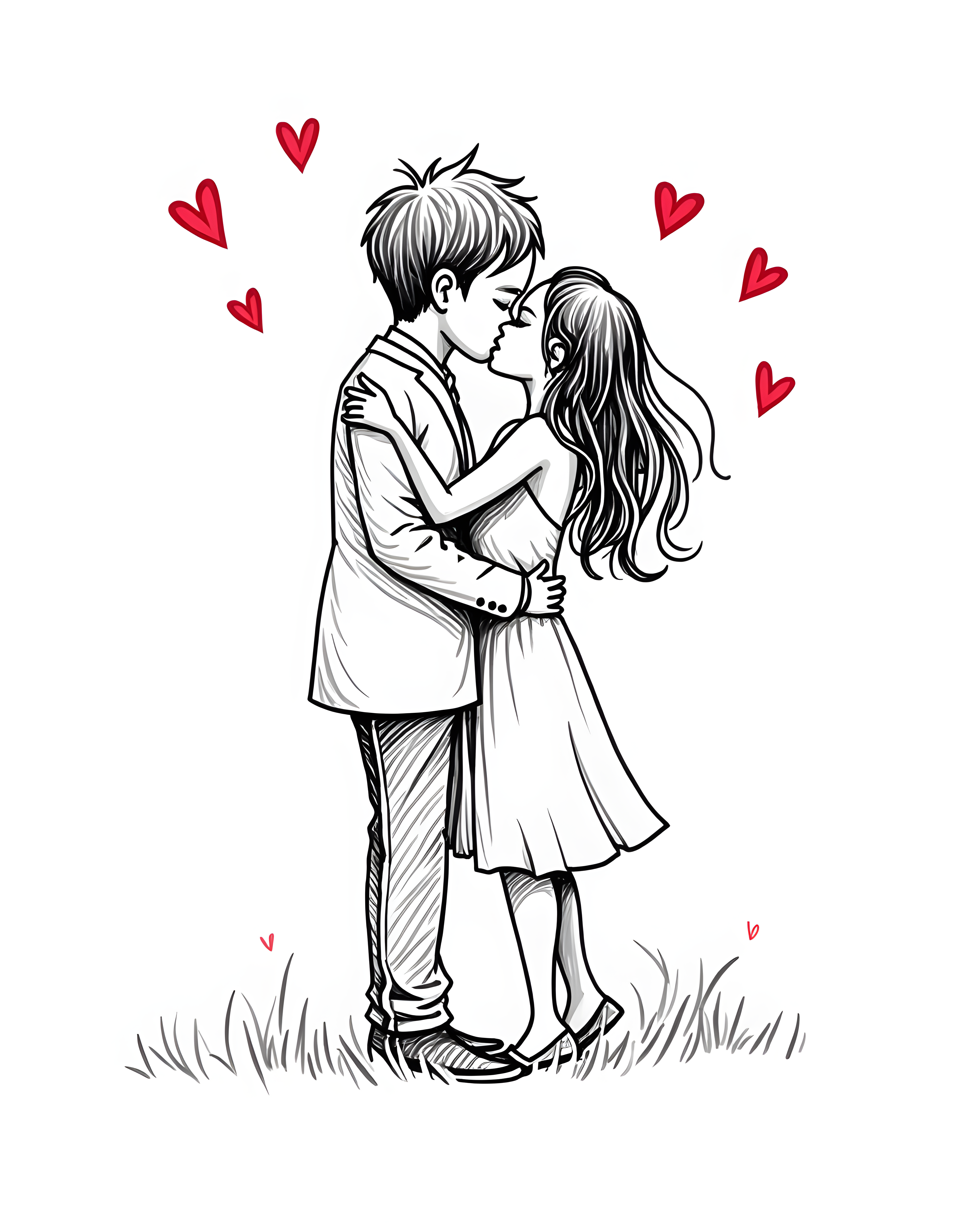Couple Kissing Line Art Portrait - Black & Red Wall Art