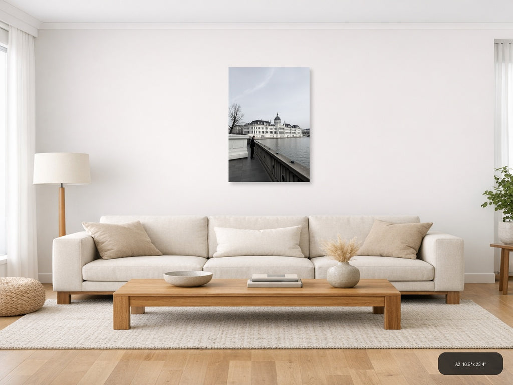 Man at Railing Overlooking Grand Palace | Minimalist Wall Art — A2 (Living Room)