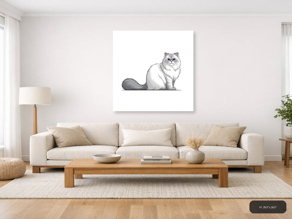 Gray and White Persian Cat Portrait Minimalist Wall Art — A1 / Living Room