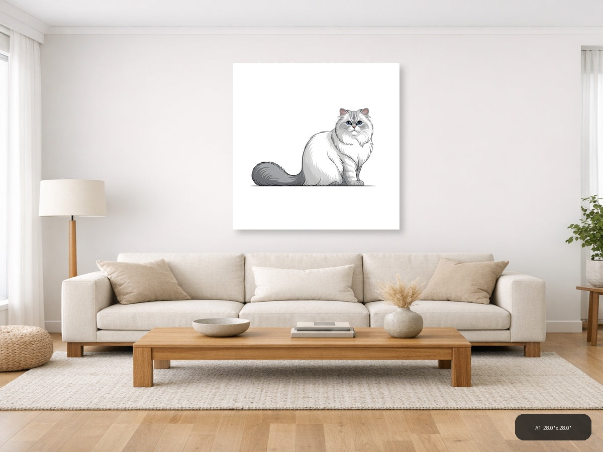 Gray and White Persian Cat Portrait Minimalist Wall Art — A1 / Living Room