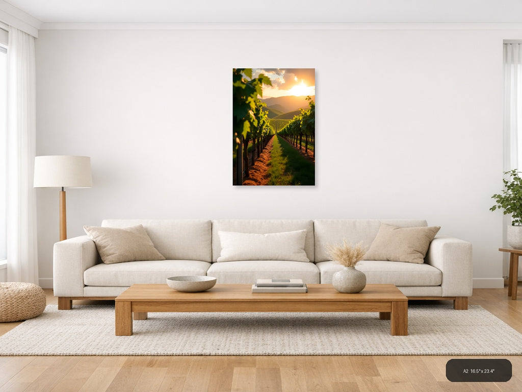Golden Sunset Vineyard Rows Photography Wall Art — A2 / Living Room
