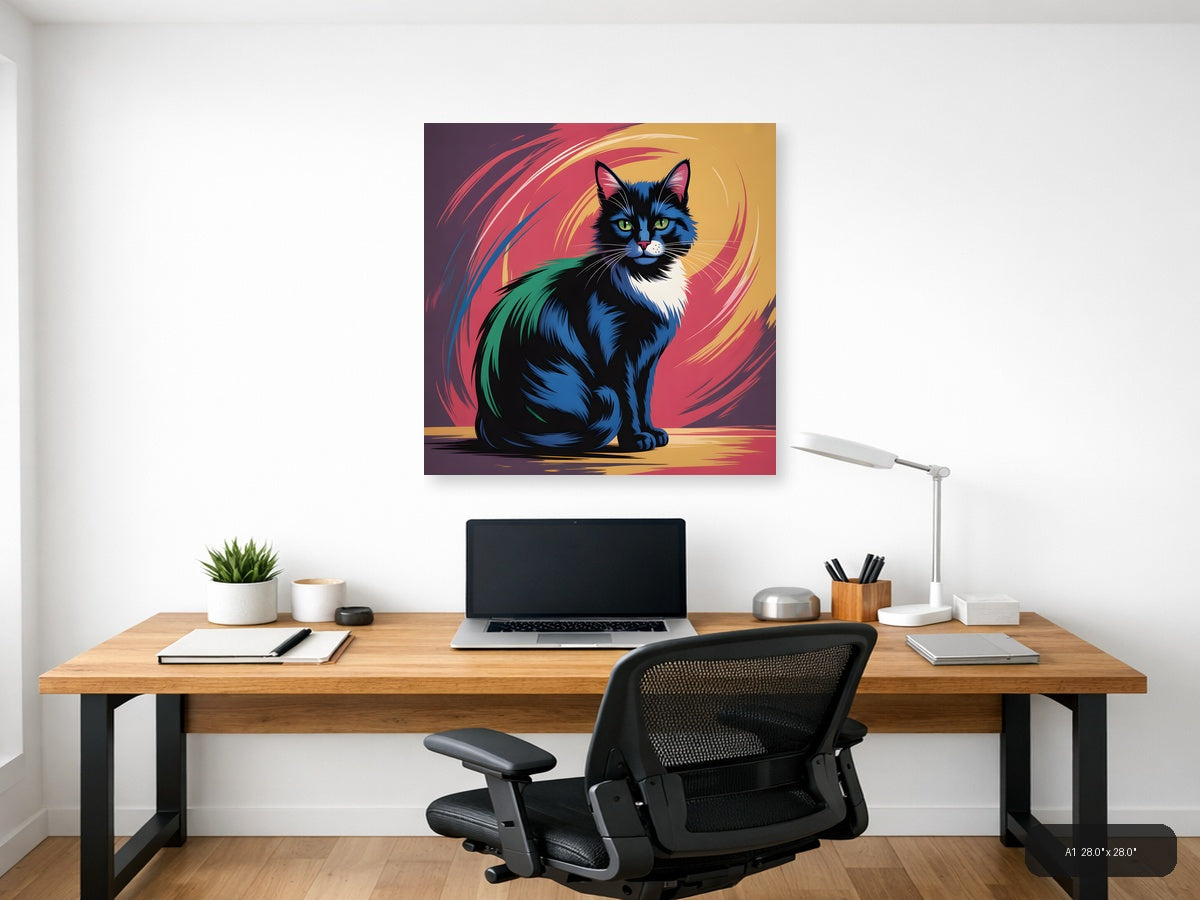 Colorful Abstract Cat Portrait with Green Eyes Wall Art — A1 / Office