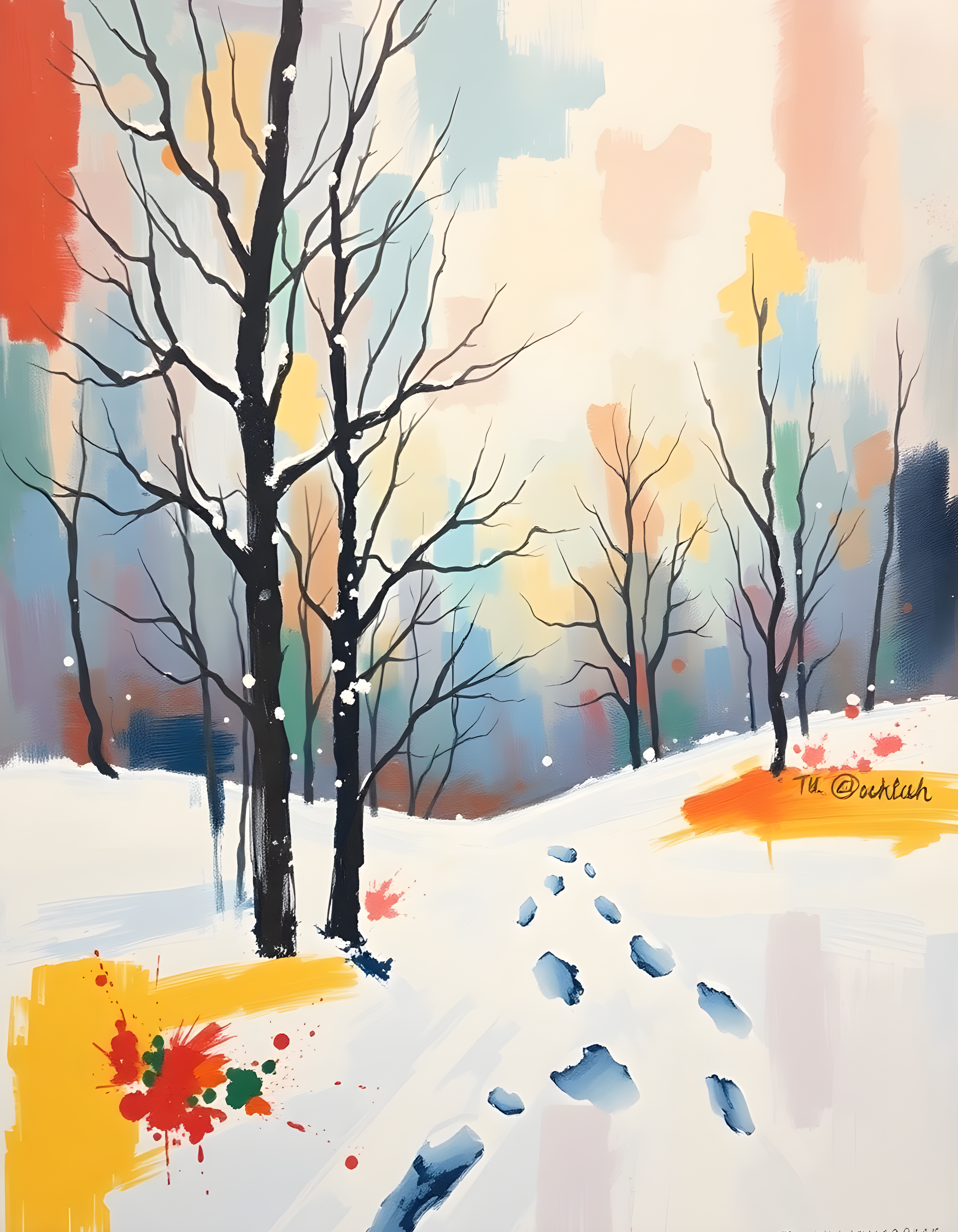 Winter Landscape Abstract Trees Footprints Wall Art