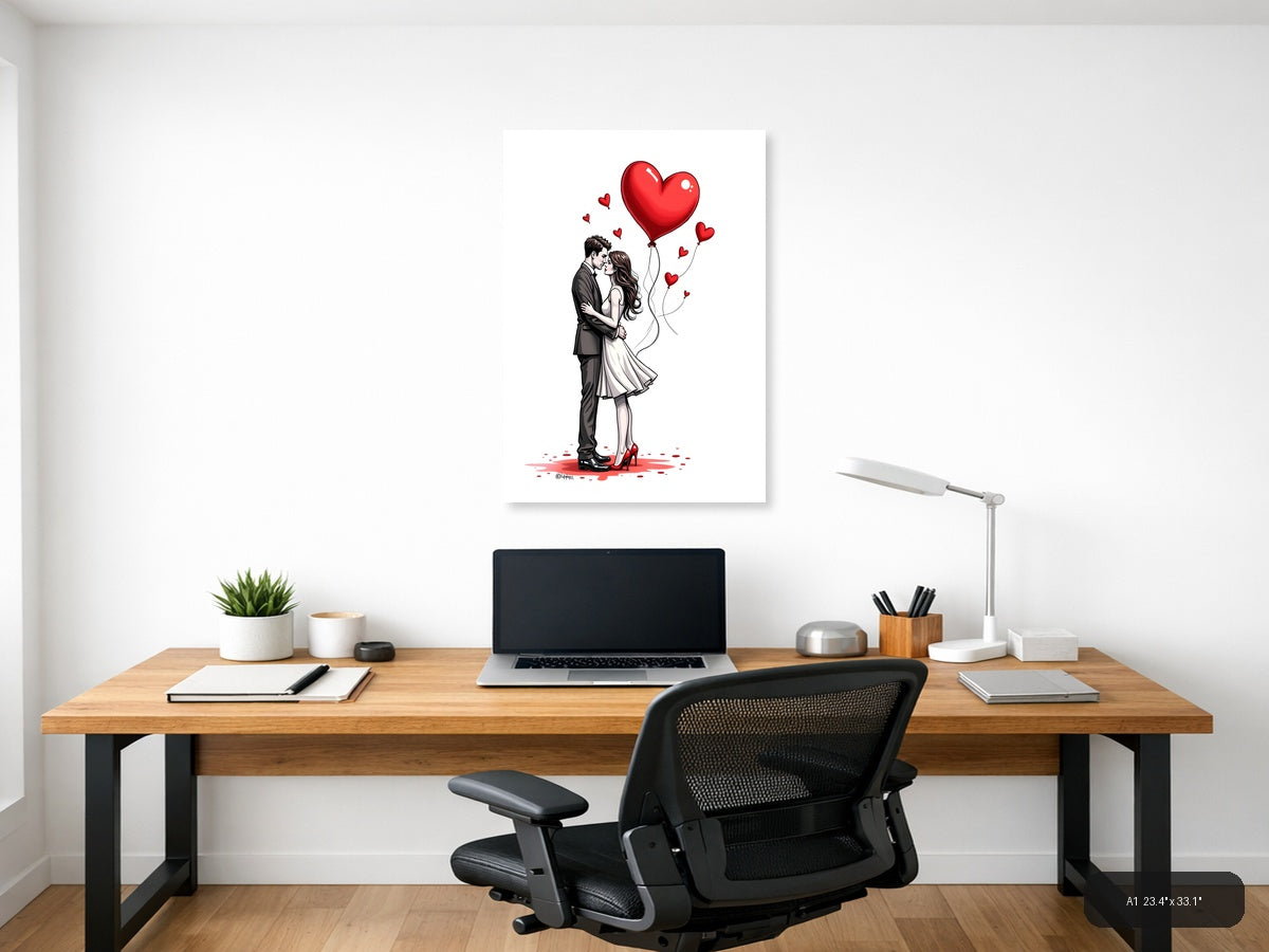 Couple Kissing Heart Balloons Line Art Wall Art — A1 / Office