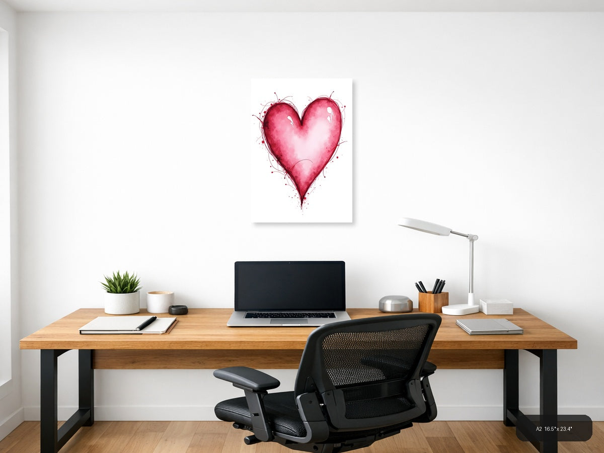 Pink Watercolor Heart with Line Art Splatter Wall Art — A2 / Office