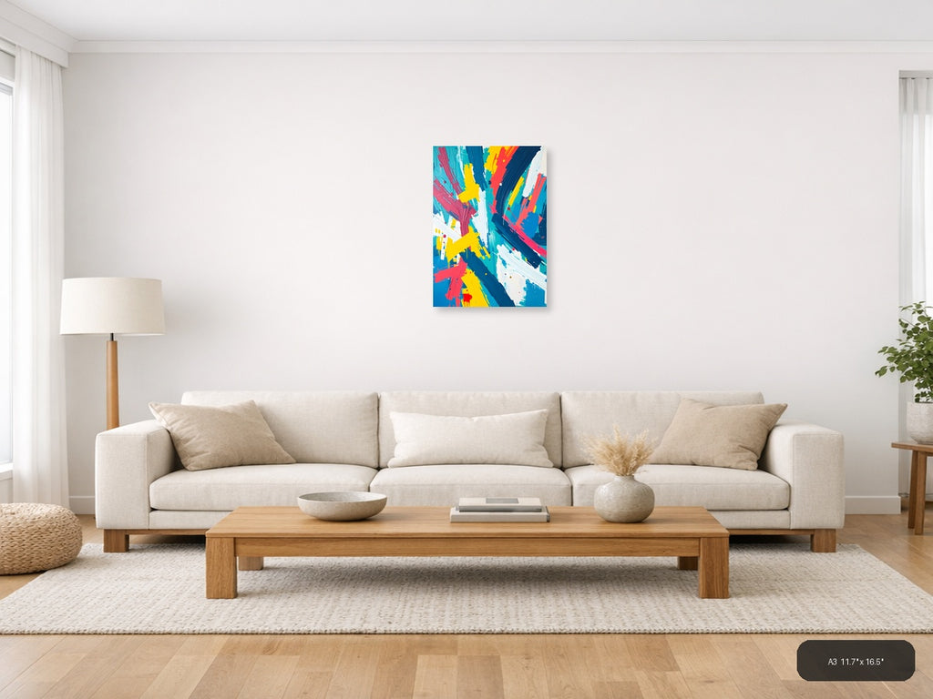 Vibrant Abstract Brush Strokes in Blue, Yellow & Red Wall Art — A3 / Living Room