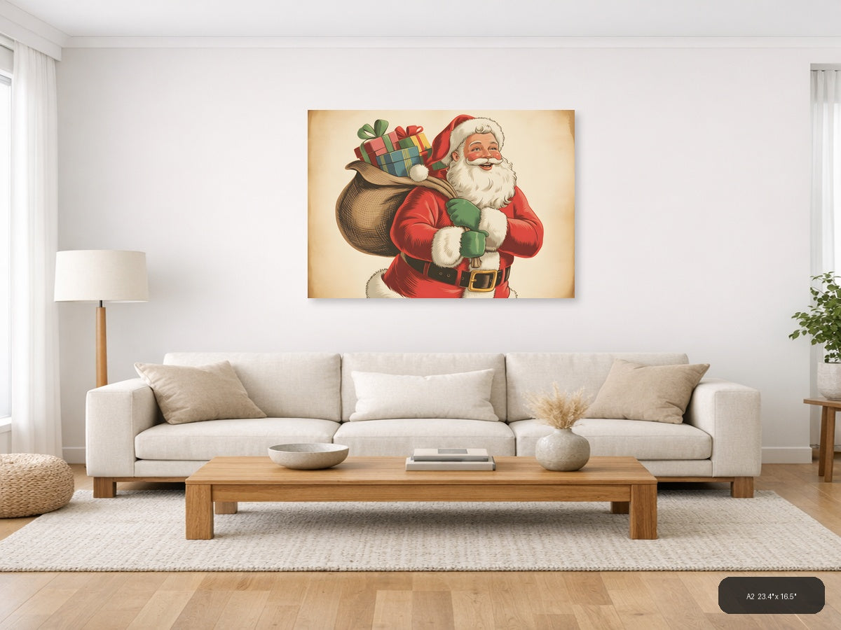 Vintage Santa Claus with Gifts Illustration Wall Art — A2 / Living Room