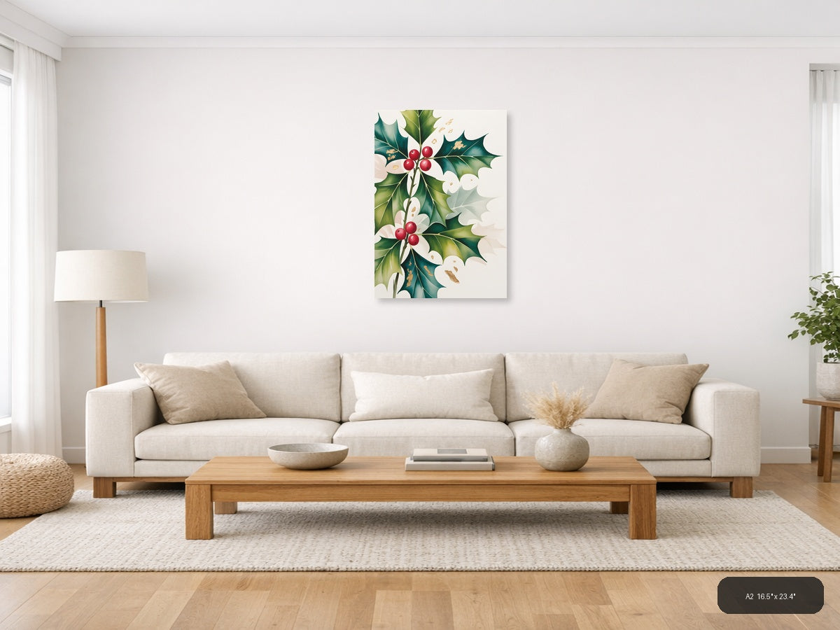 Holly Berries & Flowers Watercolor Portrait Wall Art — A2 / Living Room