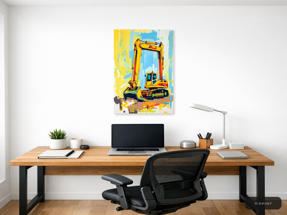 Yellow Excavator Abstract Construction Machine Wall Art — A1 / Office