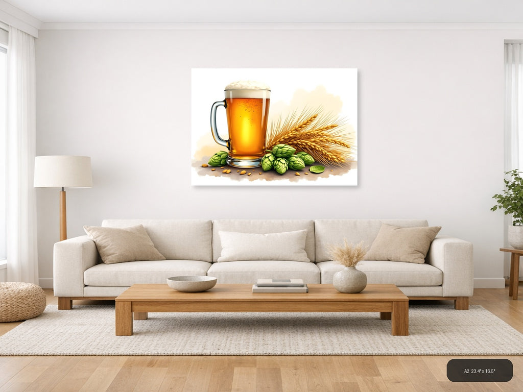 Beer, Hops & Barley Watercolor Illustration Wall Art — A2 / Living Room