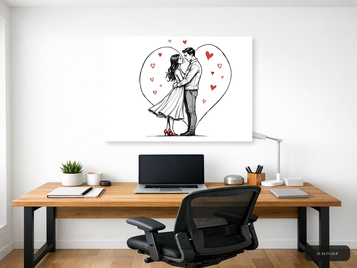 Romantic Couple in Heart Line Art Wall Art — A1 / Office