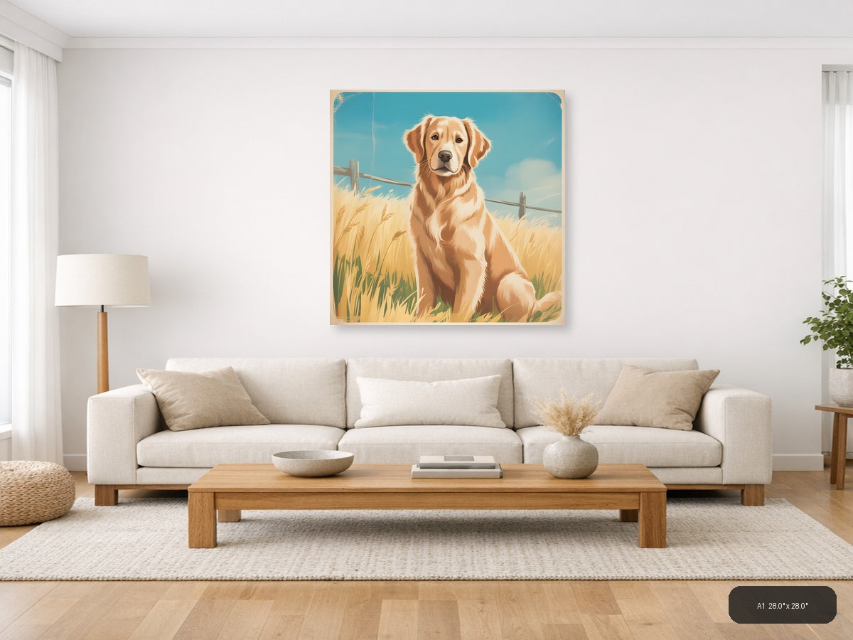Golden Retriever in Wheat Field Vintage Wall Art — A1 / Living Room