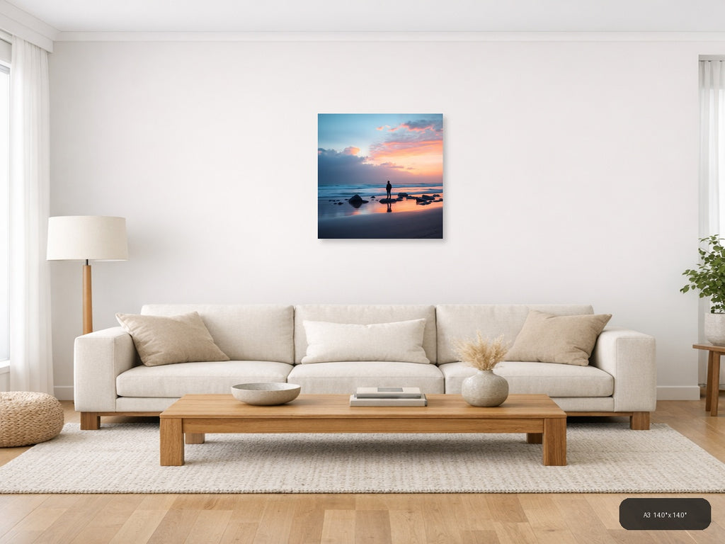 Minimalist Sunset Beach Silhouette Wall Art — A3 / Living Room