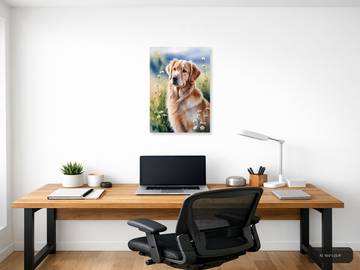Golden Retriever in Wildflower Meadow Watercolor Wall Art — A2 / Office