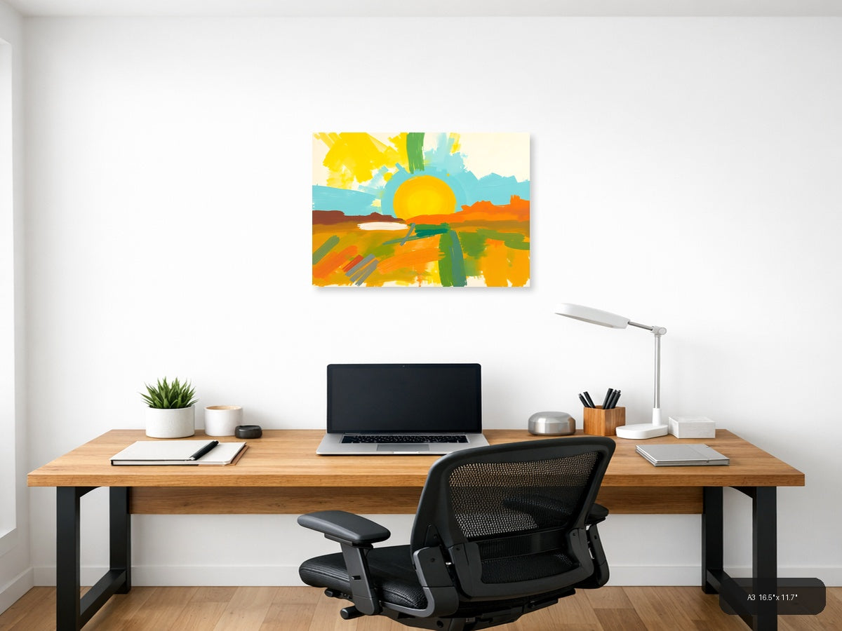 Abstract Sunset Landscape with Yellow Sun Wall Art — A3 / Office