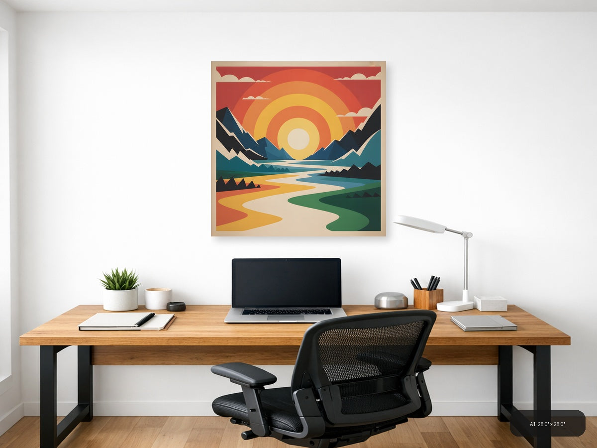 Vintage Sunset Mountain River Landscape Wall Art — A1 / Office