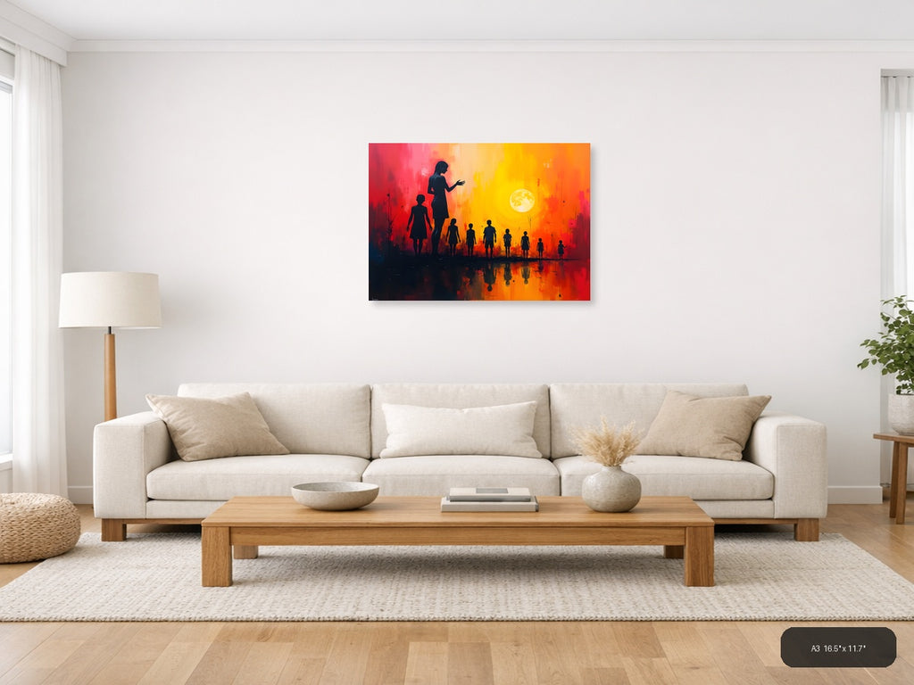 Abstract Silhouettes Sunset Moon Reflection Wall Art — A3 / Living Room