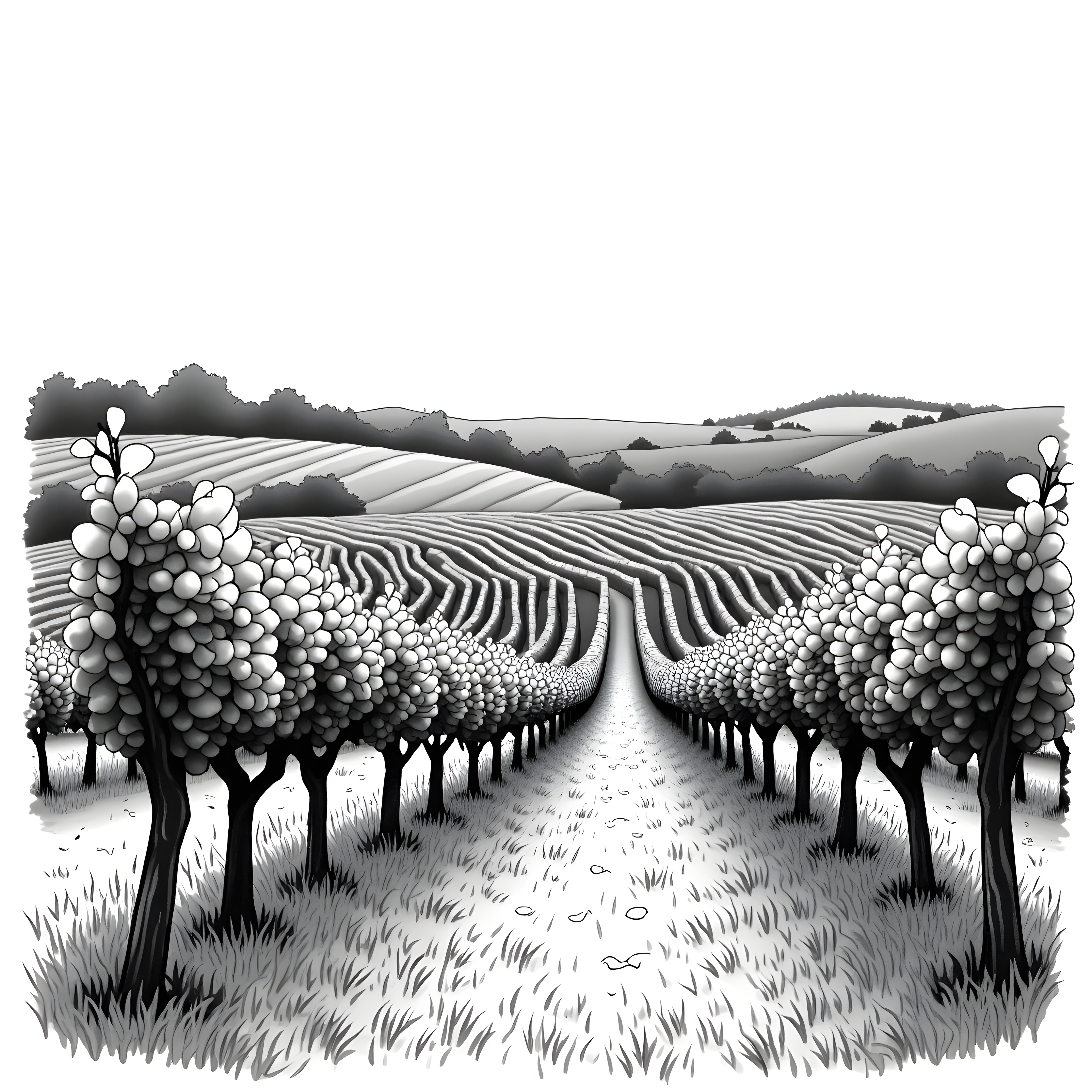 Vineyard Rows Line Art - Monochrome Landscape Wall Art