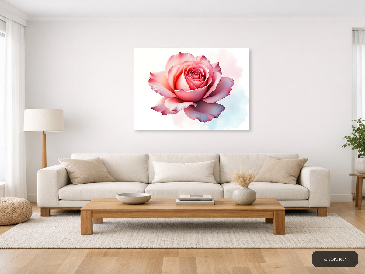 Pink Watercolor Rose Bloom Wall Art — A2 / Living Room