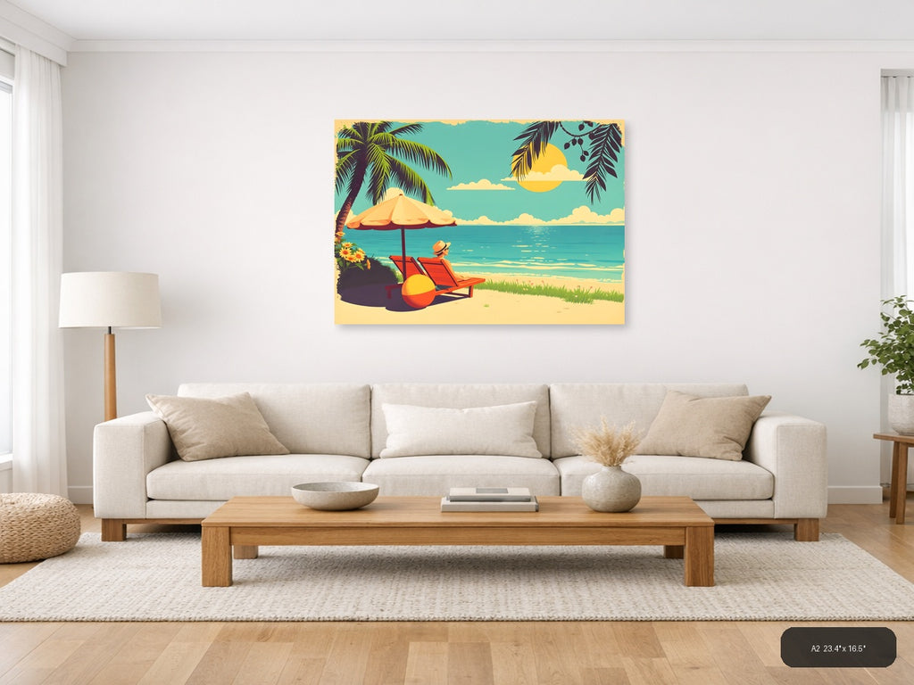 Vintage Beach Vacation Scene with Umbrella Wall Art — A2 / Living Room