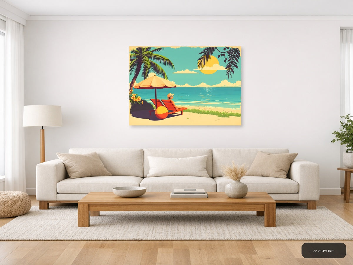 Vintage Beach Vacation Scene with Umbrella Wall Art — A2 / Living Room