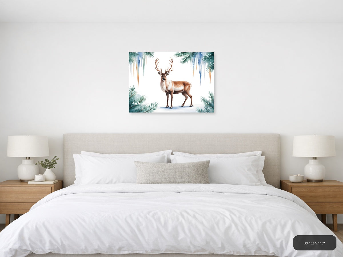Winter Reindeer with Pine Branches Watercolor Wall Art — A3 / Bedroom