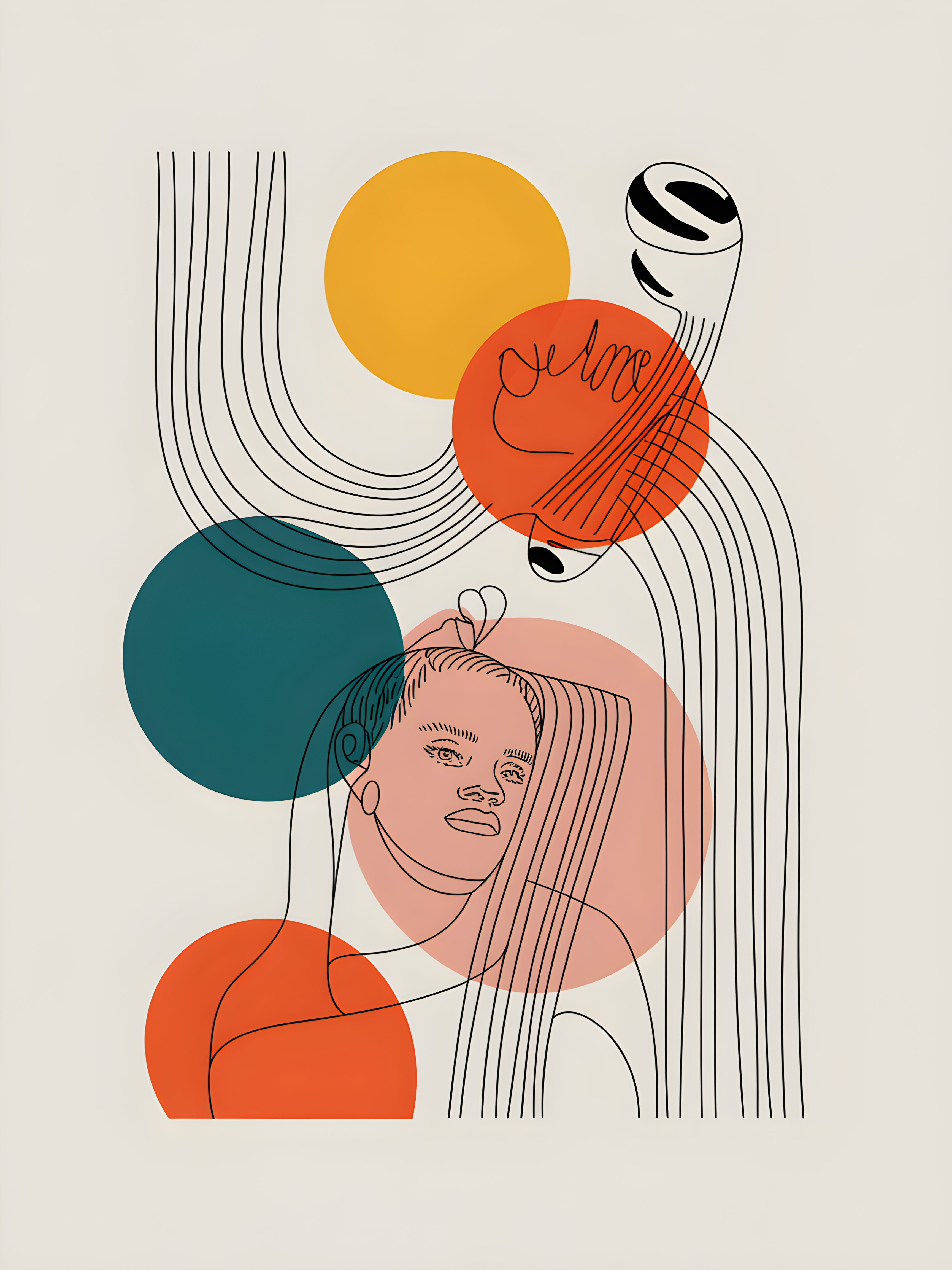 Abstract Woman with Geometric Shapes Line Art Wall Art