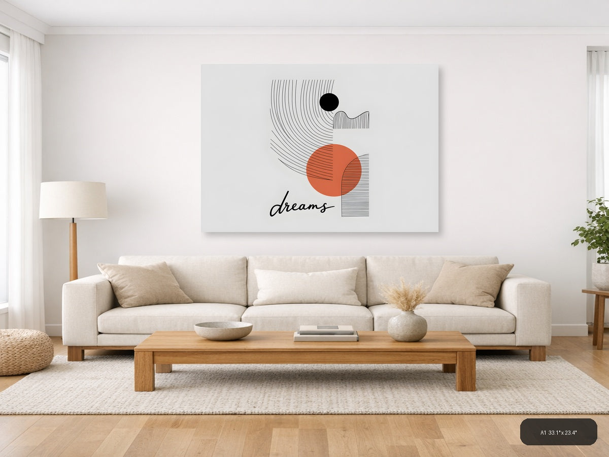 Abstract Dreams Line Art with Orange Circle Wall Art — A1 / Living Room