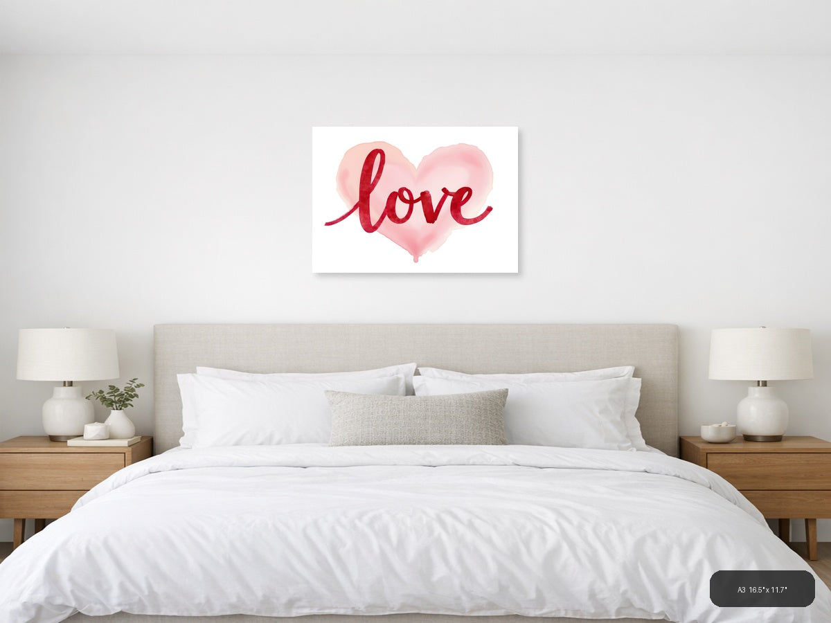 Love Red Watercolor Heart Wall Art — A3 / Bedroom