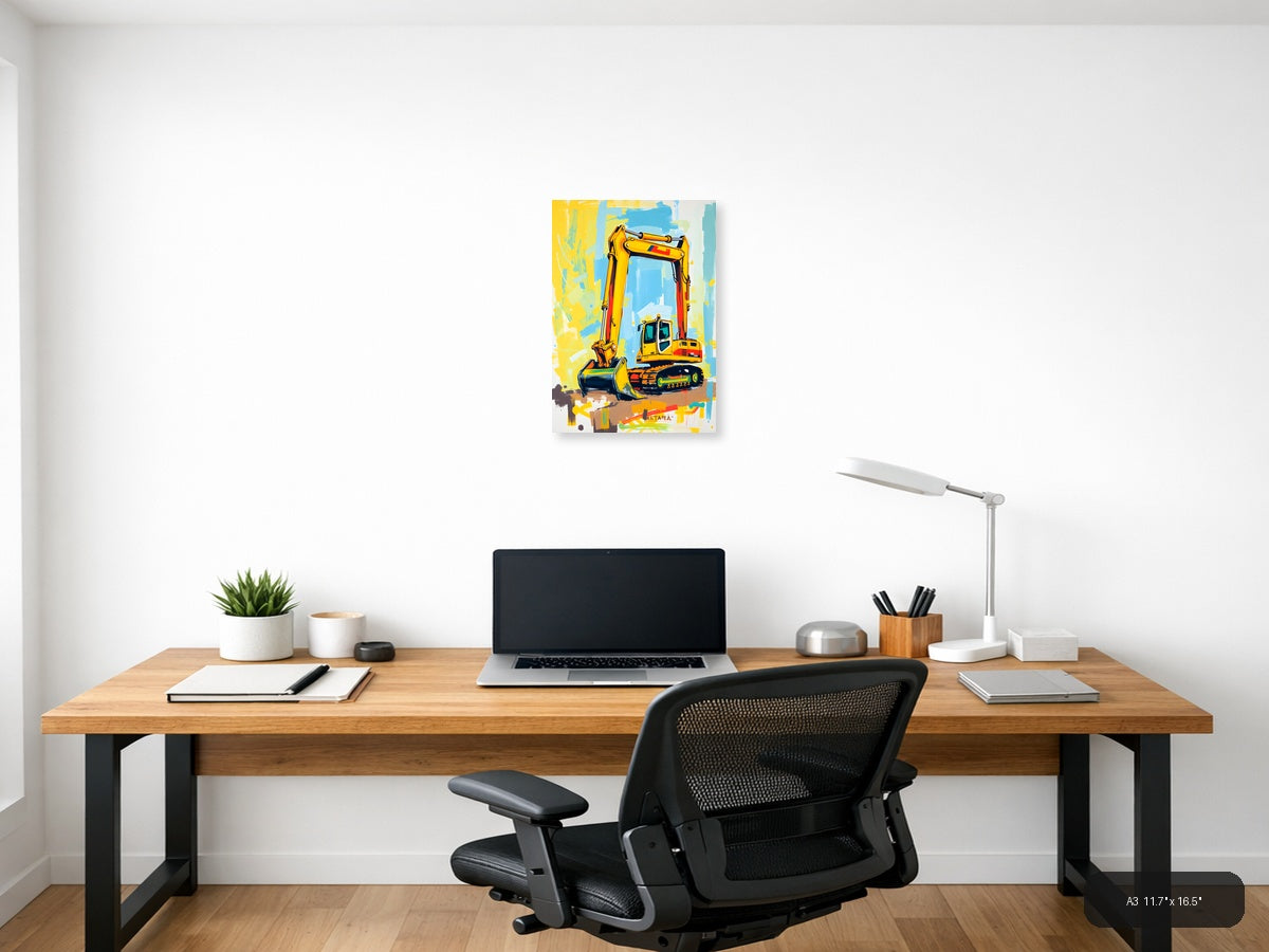 Yellow Excavator Abstract Construction Machine Wall Art — A3 / Office
