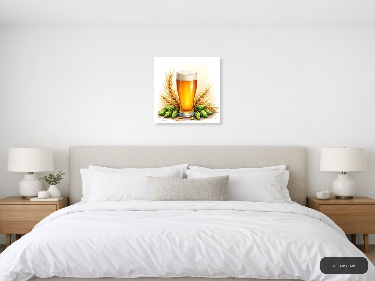 Beer Glass with Wheat and Hops Watercolor Wall Art — A3 / Bedroom