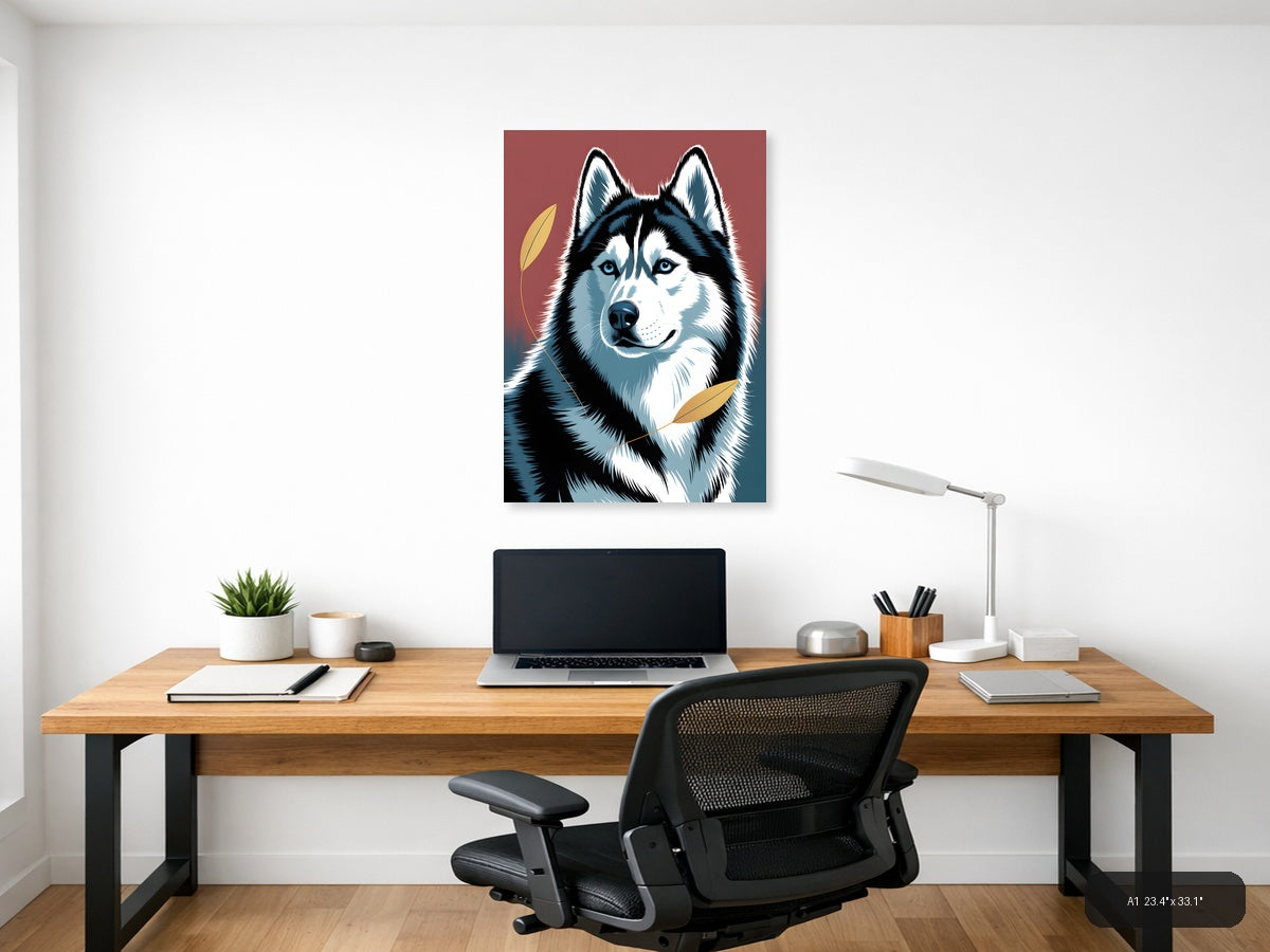 Black and White Husky Portrait with Gold Leaves Wall Art — A1 / Office