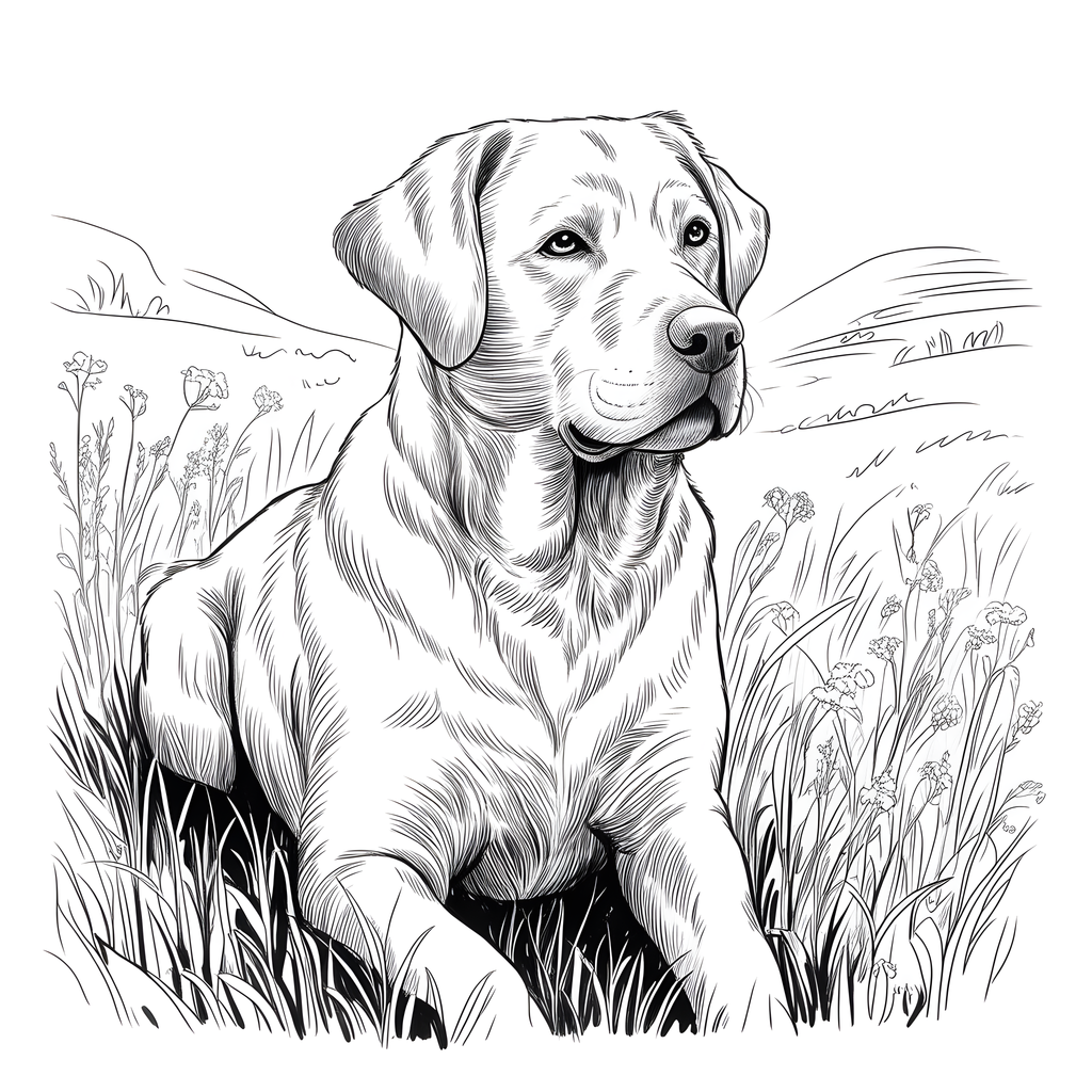 Labrador Retriever in Wildflower Field Line Art Wall Art