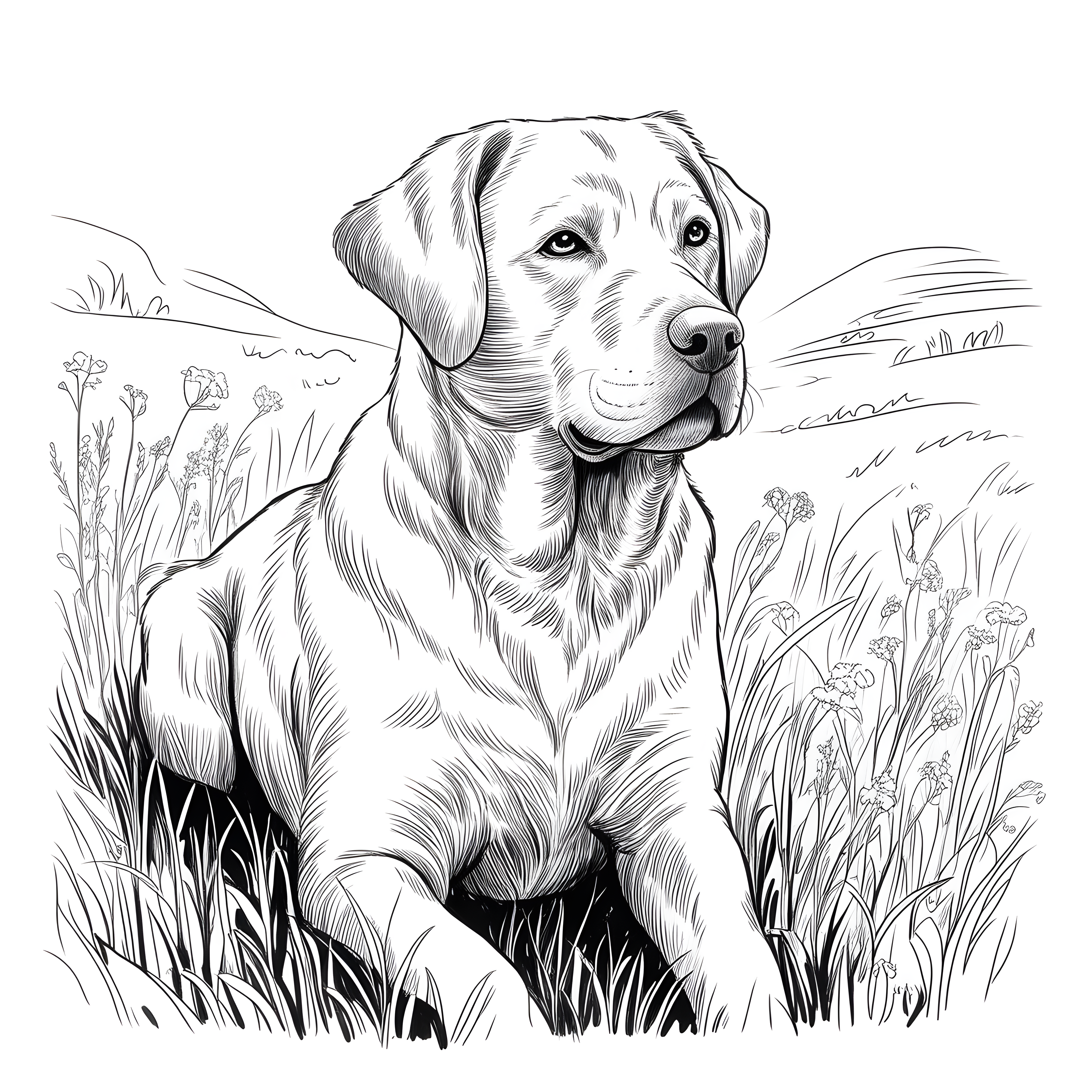 Labrador Retriever in Wildflower Field Line Art Wall Art