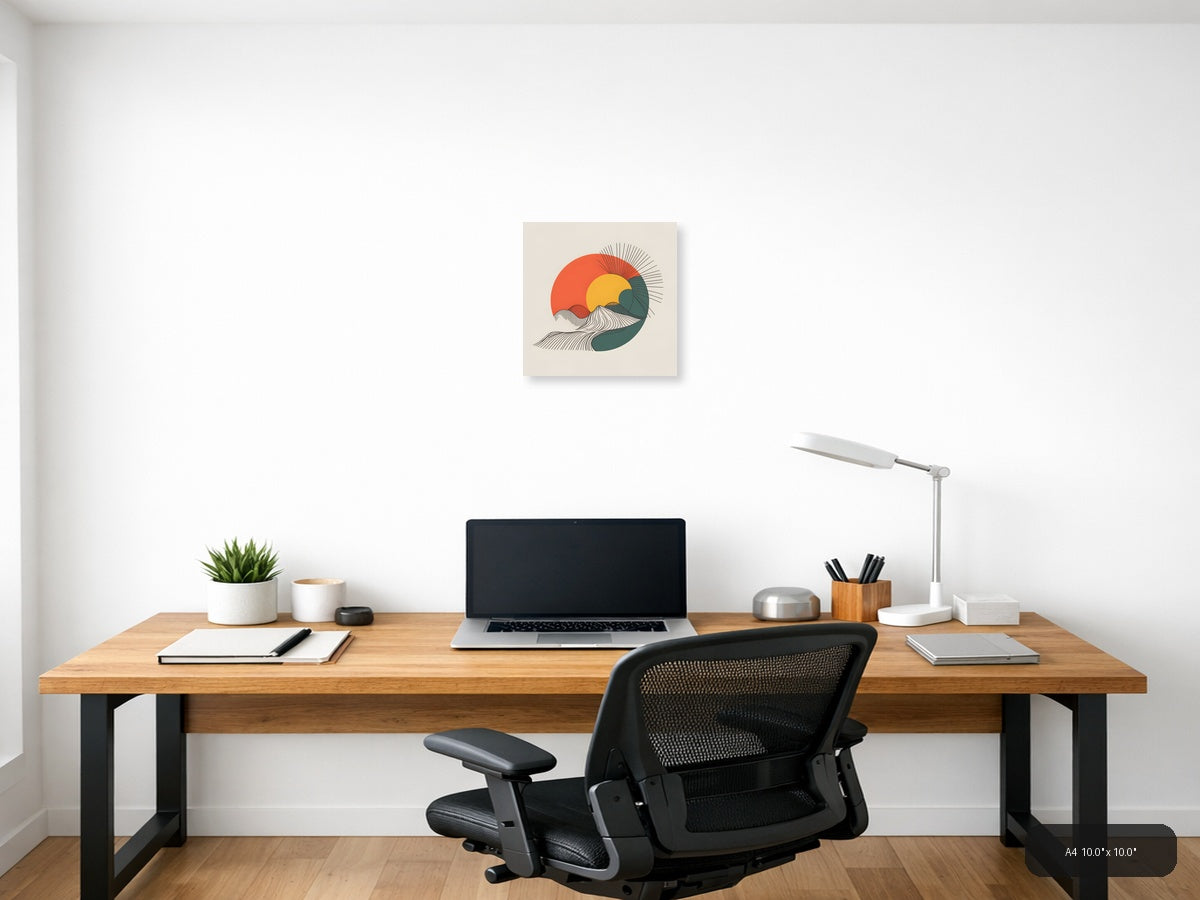Minimalist Sun and Ocean Wave Line Art Wall Art — A4 / Office