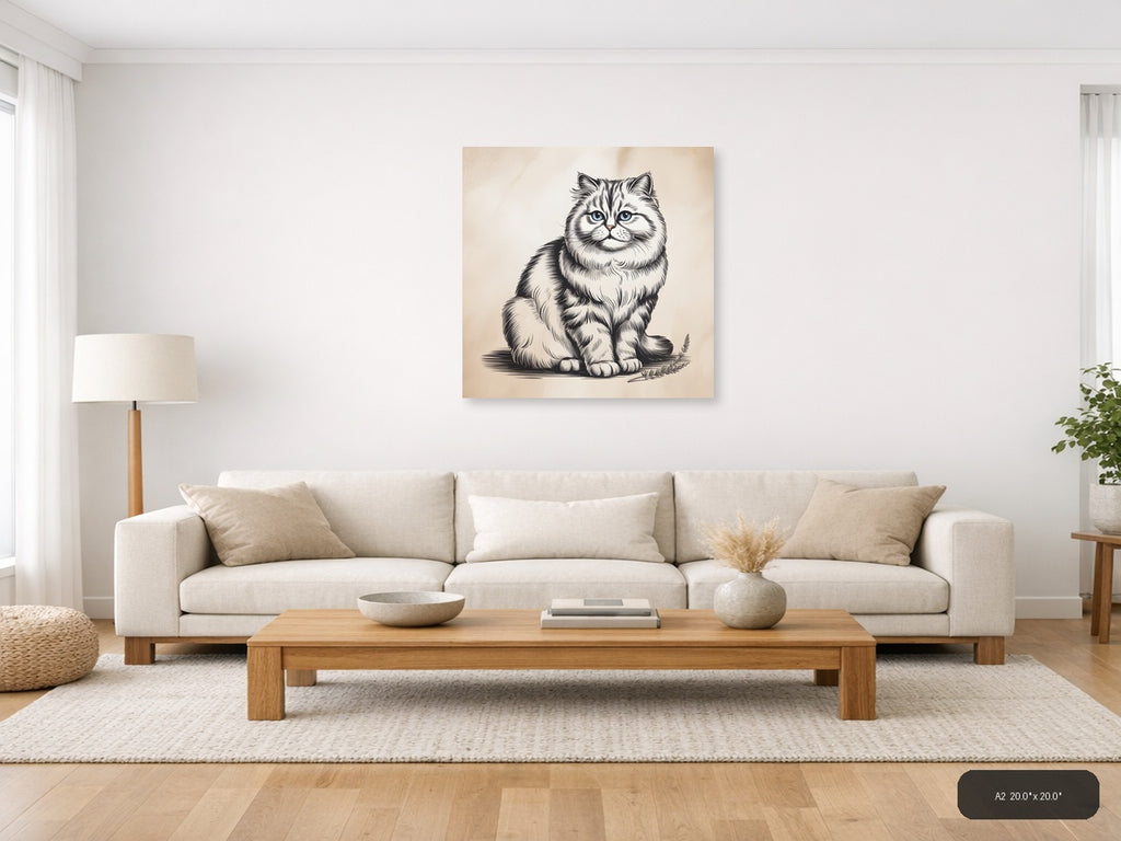 Fluffy Cat with Blue Eyes Line Art Wall Art — A2 / Living Room