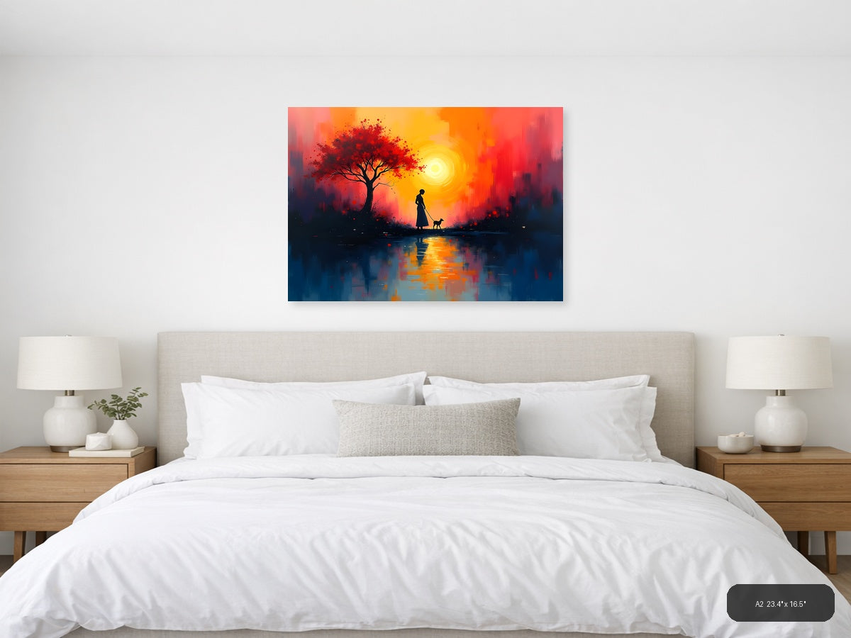 Sunset Woman with Dog & Red Tree Abstract Wall Art — A2 / Bedroom