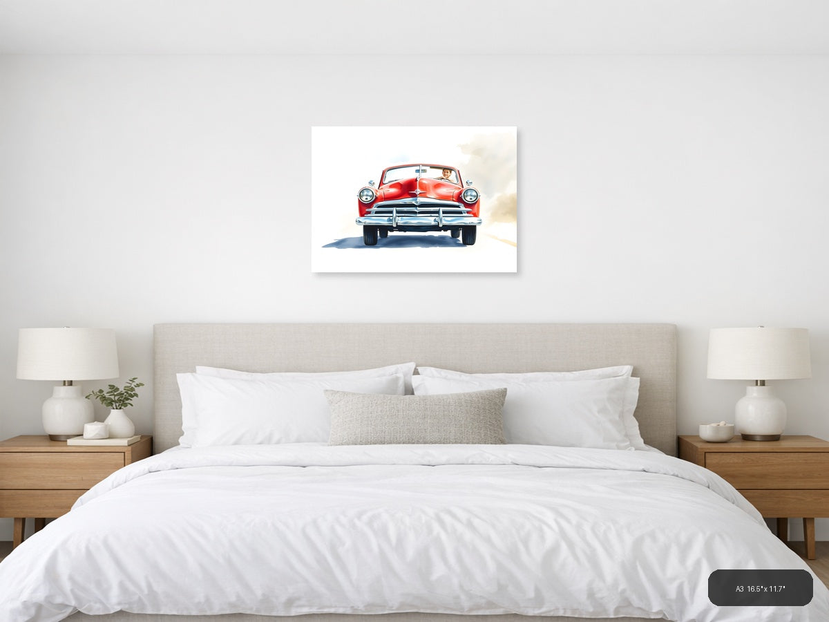Red Classic Convertible Watercolor Wall Art — A3 / Bedroom