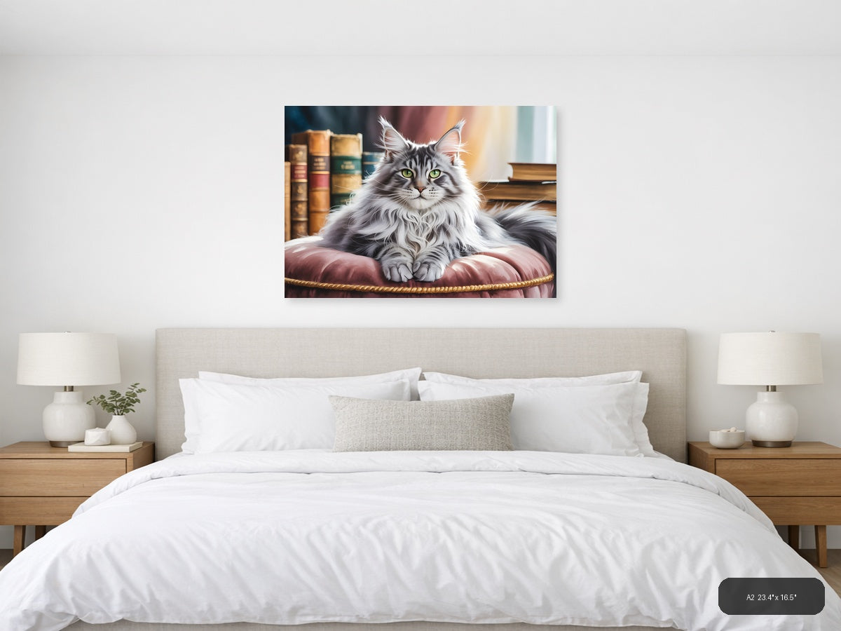 Majestic Long-Haired Cat Library Watercolor Wall Art — A2 / Bedroom