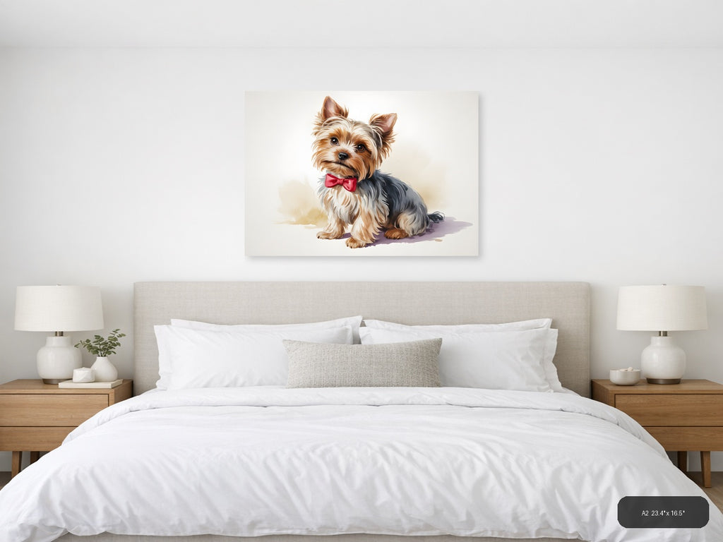 Stylish Yorkie with Pink Bow Watercolor Wall Art — A2 / Bedroom