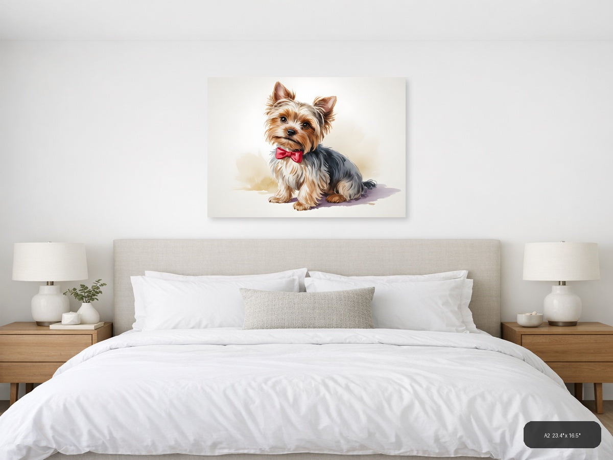 Stylish Yorkie with Pink Bow Watercolor Wall Art — A2 / Bedroom