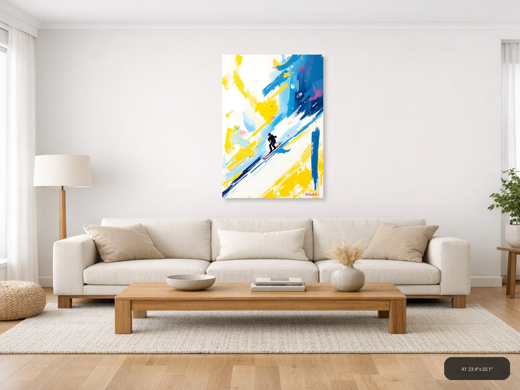 Abstract Skier in Blue & Yellow Strokes Wall Art — A1 / Living Room